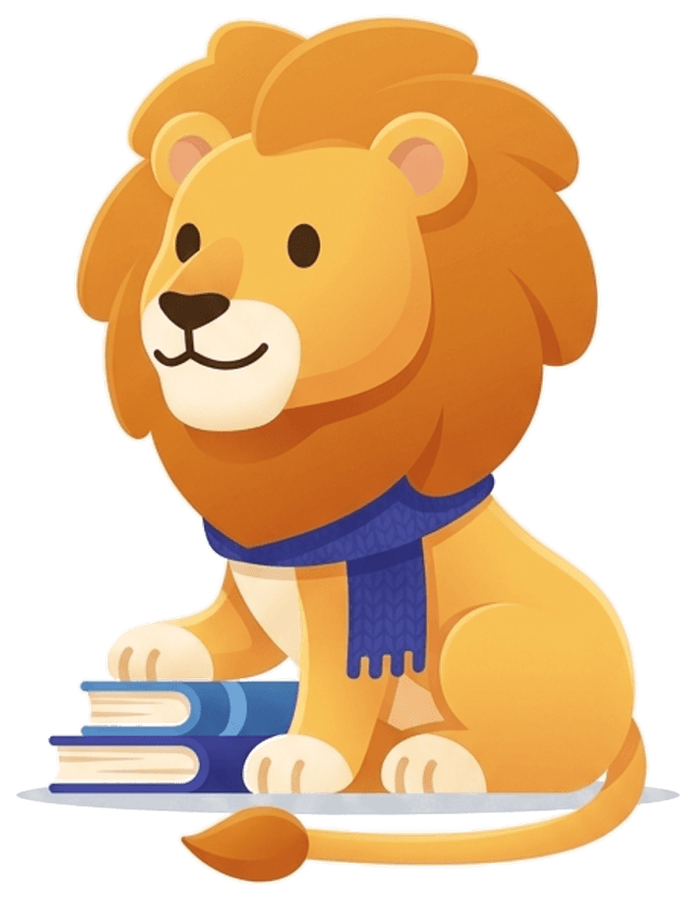 Sher, the weLearn lion, sitting by a stack of books